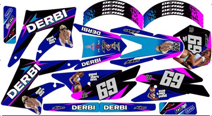 Derbi Xtrem SM kit deco rose bleu - stickers derbi drd fille - kit deoc chrome derbi rose -