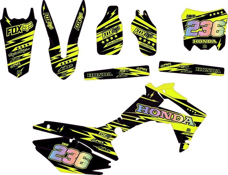 Kit déco Semi-perso Jaune Fluo Honda CRF CR  CRFX 125 / 250 / 450 - 2005 > 2025