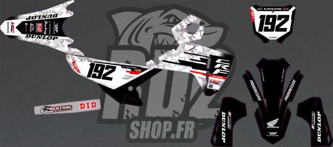 kit deco - crf - honda - 2027 - 2026 - 2025 - camo 250 - 450 - usa - blanc - gris -
