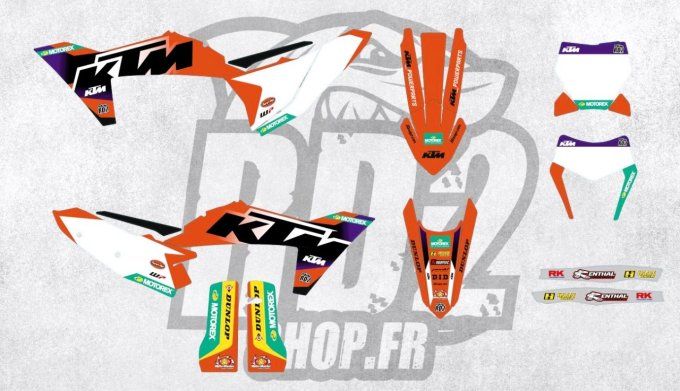 kit deco - ktm - sxf - sx - exc - excf - 2025 - 2023 - 2024- violet - rd2 - autocollants - blanc- 12