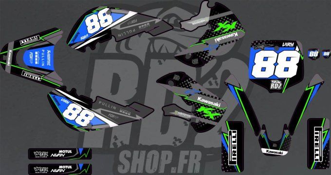 kit deco - rd2 - kawasaki - kx65 - kx85 - vert - gris - noir - bleu - perso - autocollant - stickers