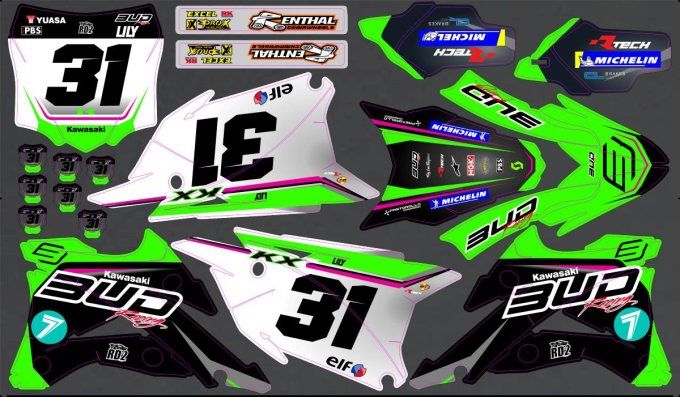 kit deco - vert - gris - perso- kx85 - kx65 - kawasaki - rd2shop - bud - racing -
