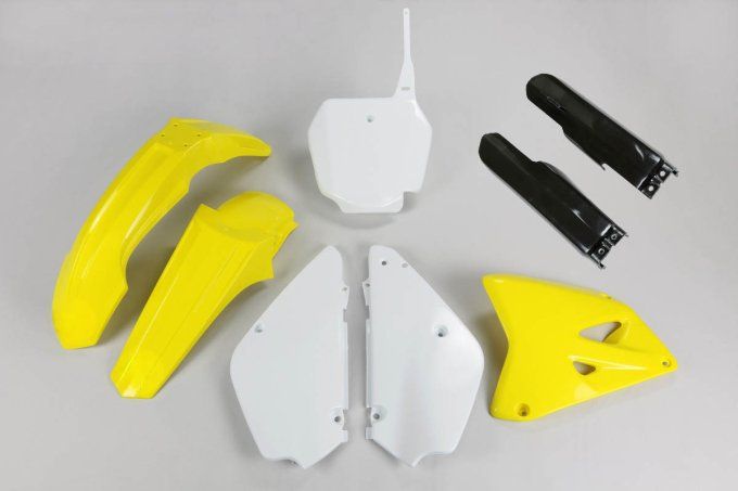 kit plastiques - rm 85 - suzuki -  Jaune et blanc , bas de fourche noir