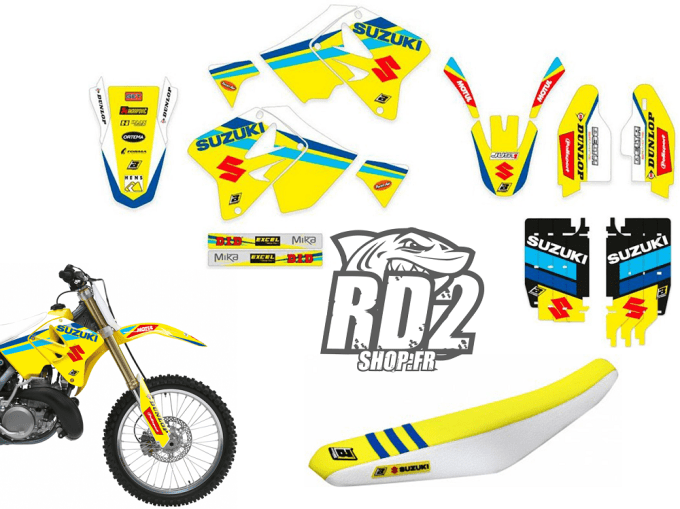 kit deco - graphics - decals - rm 125 - rm 250 - suzuki - seat cover - housse de selle - strijbos