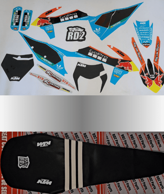 ktm - kit deco -graphics - seat cover - redbull - gopro - sx - sxf - exc - bleu - 19 - 20 - 21 - 22