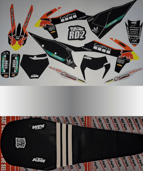 ktm - kit deco -graphics - seat cover - redbull - gopro - sx - sxf - exc - noir- 19 - 20 - 21 - 22