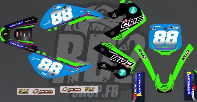 KX - 65 - 85 - kit deco -  bud - bleu - vert - graphics - kawasaki - perso -