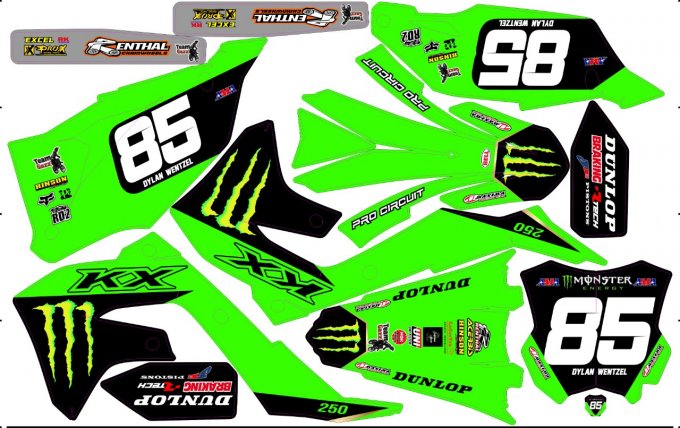 Kit déco Kawasaki KXF  250 / 450  ( 2006 à 2020 , 2021 ,2022 , 2023 ) monster energy , rd2