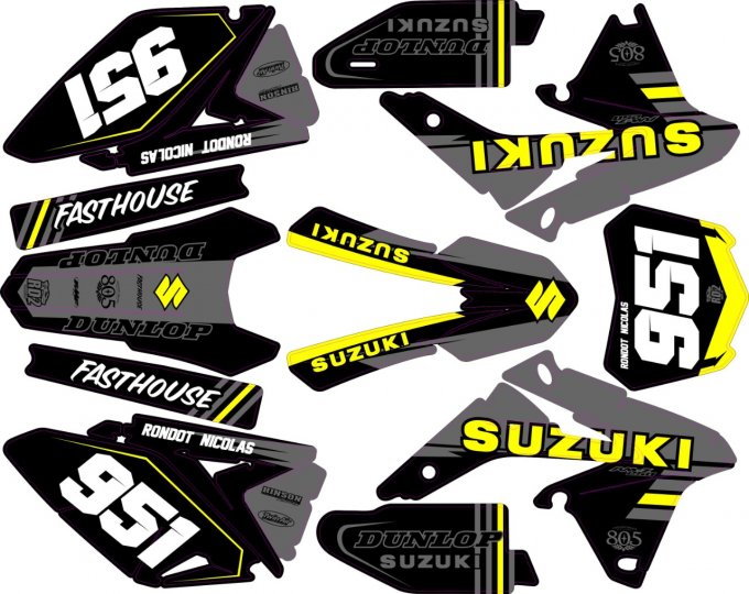 Kit déco FLUO + MAT Semi-perso SUZUKI RMZ 250 ( 2007 à 2021 )